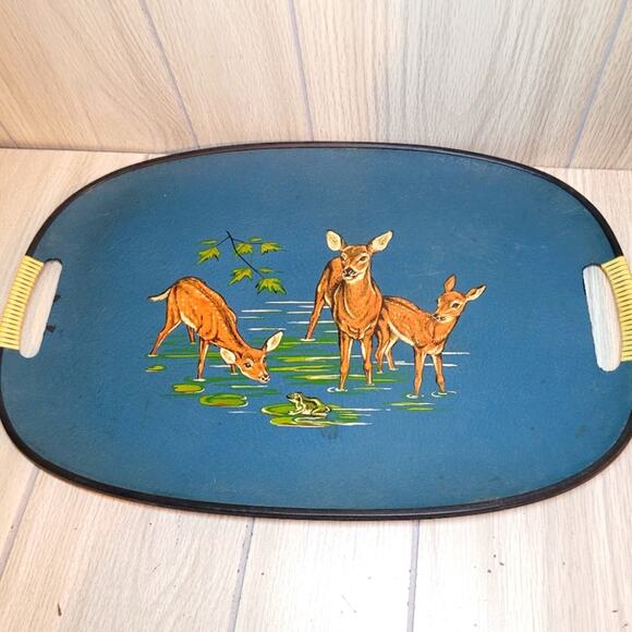 Vtg 50s Japan Deer Serving Tray Bamboo Handles Barware Doe & Frog Pond MCM - Picture 1 of 7